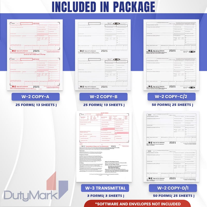 Dutymark W2 Forms 2025 6 Part, Kit of Laser W2 Tax Forms for 25 Employees and W3 Transmittal for Quickbooks and Accounting Software, 2025 W2 Forms - Image 2